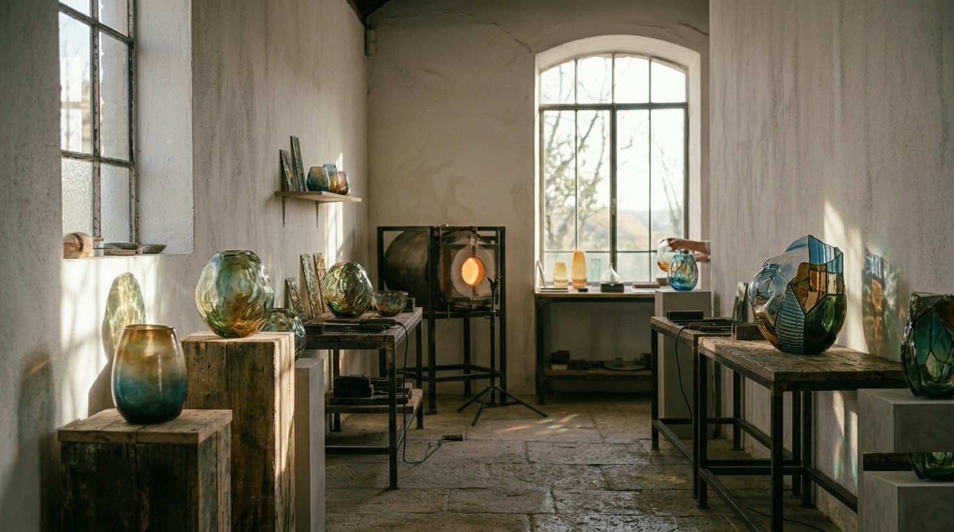 Interior del taller de Forja de Luz: piezas de vidrio sobre pedestales y el horno encendido junto a la ventana arqueada