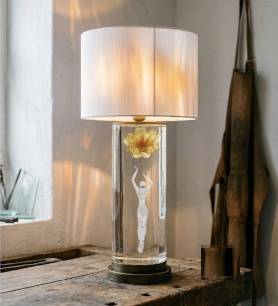 Detalle: lámpara con base de vidrio que contiene una figura alcanzando una flor de cristal ámbar
