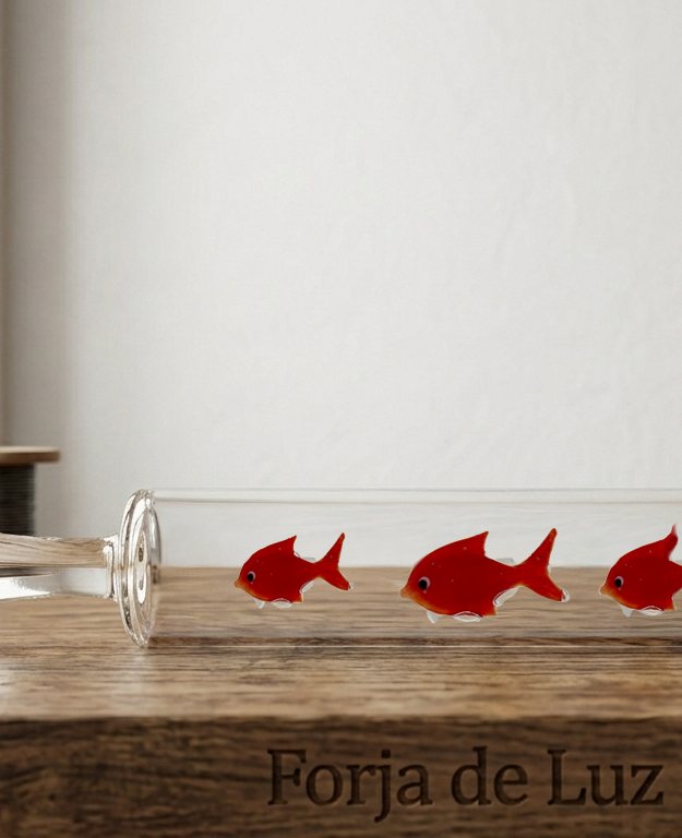 Pieza funcional: vaso de vidrio con pececitos rojos de vidrio soplado
