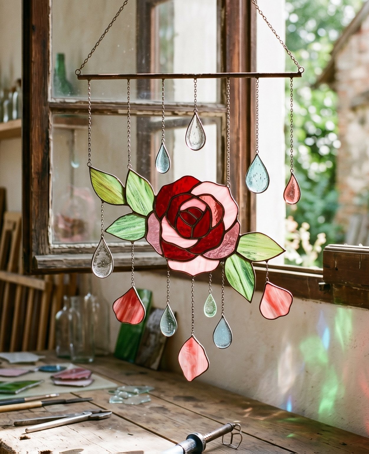 Móvil de luz: vitral de rosa con gotas y pétalos de vidrio colgando junto a una ventana