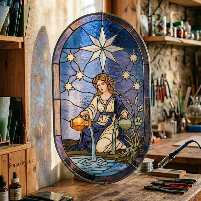 Vitral oval: figura femenina vertiendo agua bajo una estrella, en tonos azules y ámbar