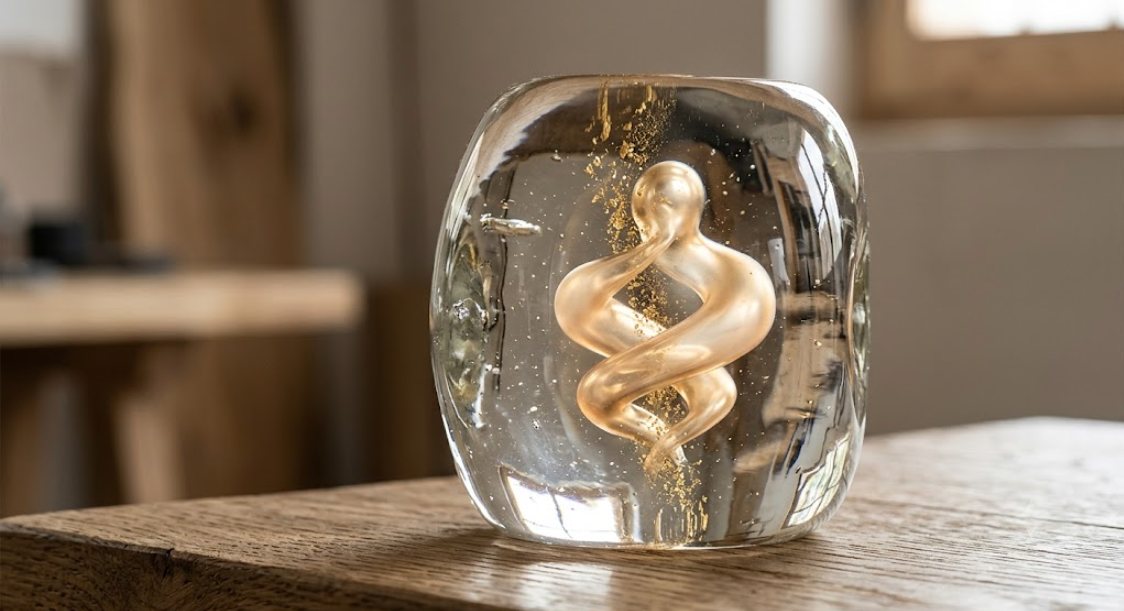 Pieza de autor: cubo de vidrio macizo con una espiral dorada suspendida en su interior