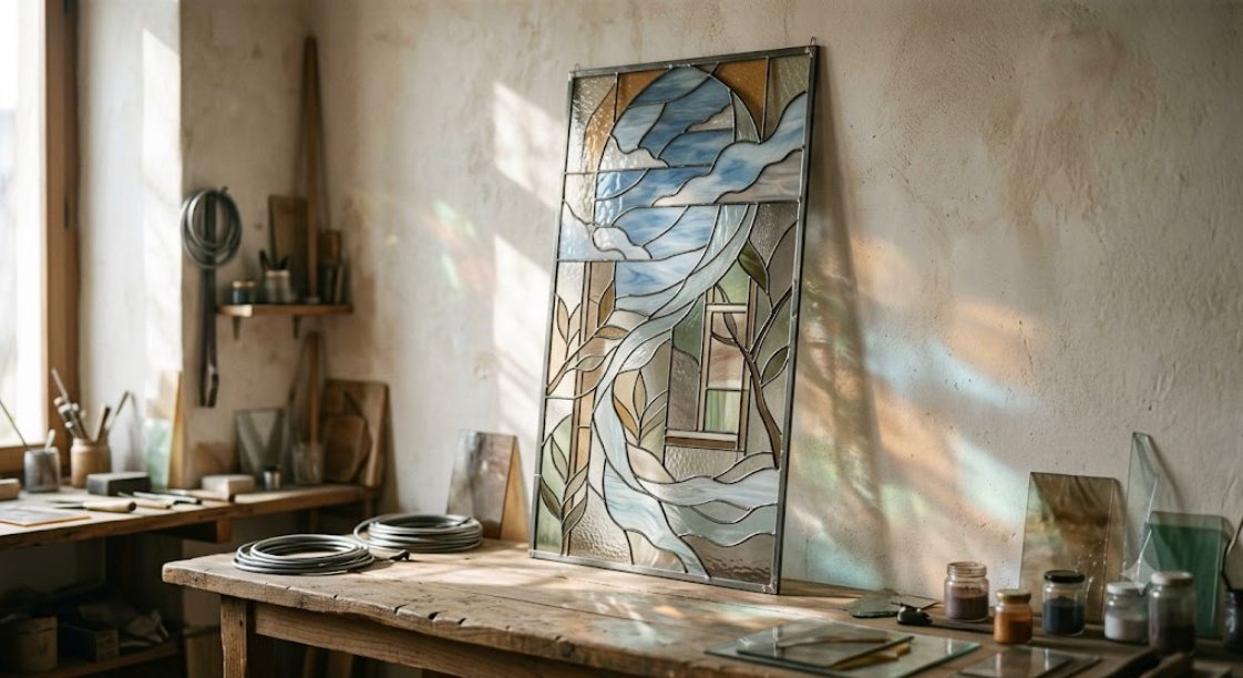 Pieza por encargo: vitral de paisaje apoyado en la mesa del taller