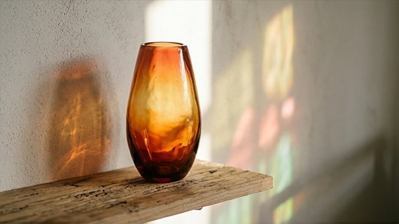 Pieza decorativa y funcional: jarrón de vidrio ámbar sobre una repisa de madera con luz de vitral