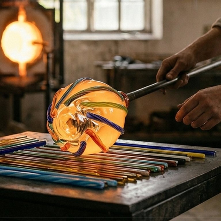 Soplador girando el vidrio caliente sobre varillas de color, con el horno encendido al fondo